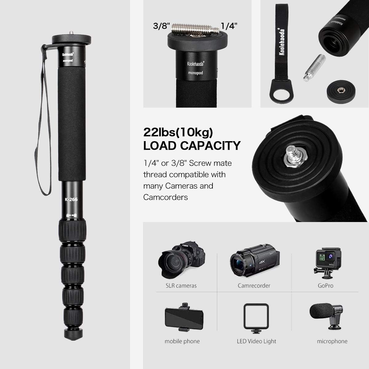 koolehaoda 61" 6-Section 15" (K-266 Camera Monopod Aluminum Portable Photography Unipod Stick, Telescopic, Folding is