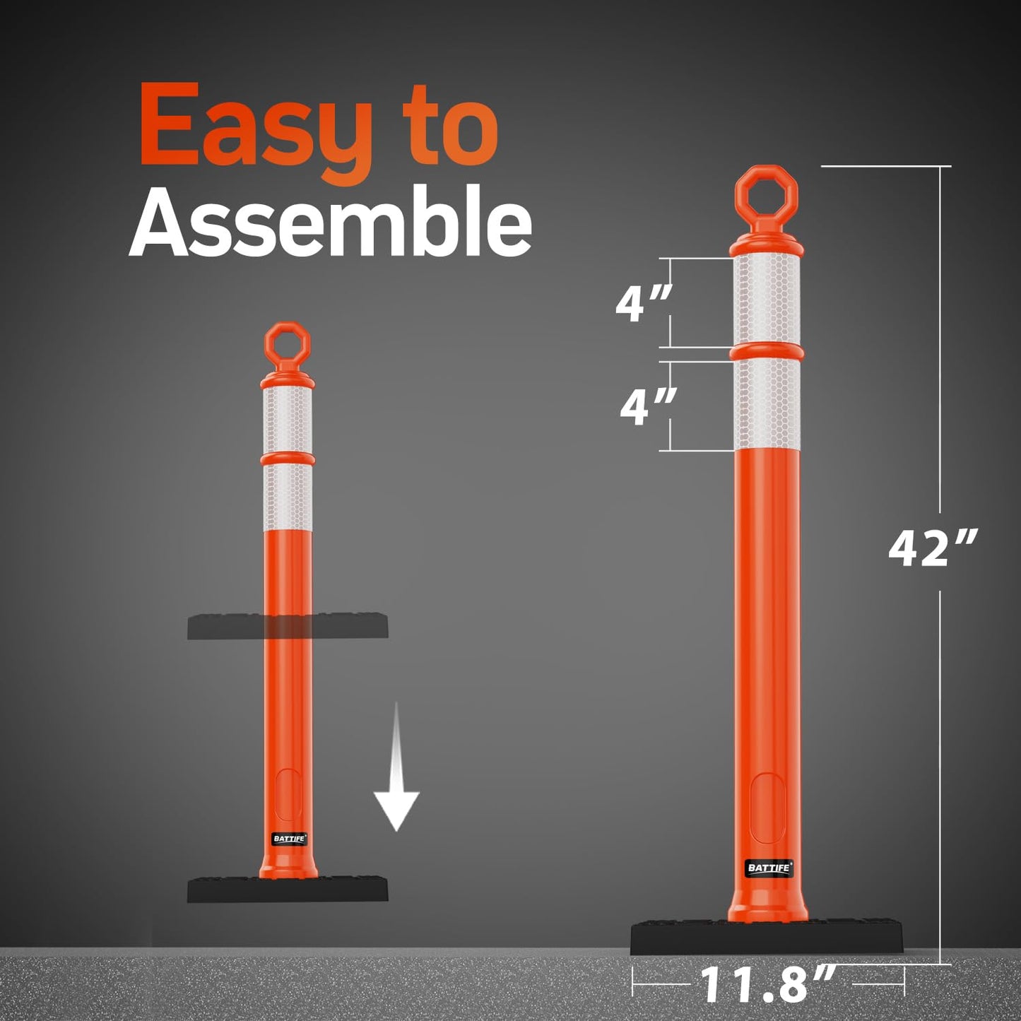 BATTIFE 6 Pack 42 Inch Orange Traffic Delineator Posts with Reflective Collars and Base, Safety Cones for Construction Zones and Driving Practice