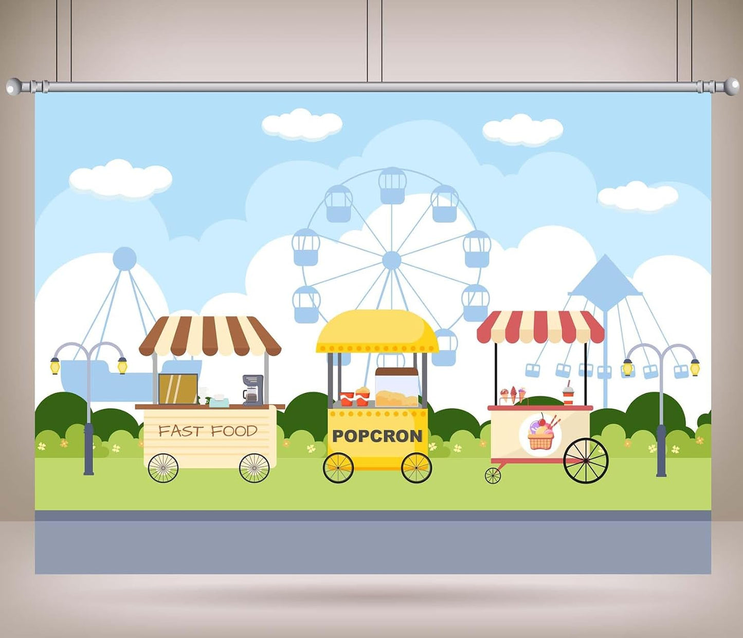 CORFOTO 10x8ft Fabric Carnival Food Cart Backdrop Ferris Wheel Fast Food Popcorn Ice Cream Fair Scene Photography
