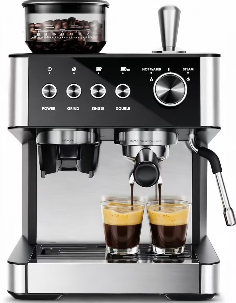 Kismile Espresso Machines with Grinder, 20 Bar Professional Espresso Maker with Removable Water Tank, Hot Water Function,Milk Frother Steam Wand for Latte&Cappuccino(Black)