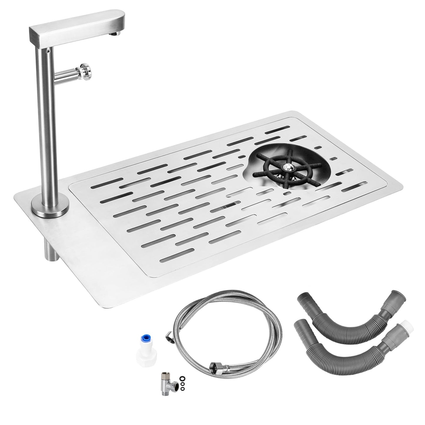 DIBTSA Pitcher Rinser, Stainless Steel Countertop Glass Rinser Cup Washer Sink with Side Spray,Drip Tray for Home Cafe Restaurant