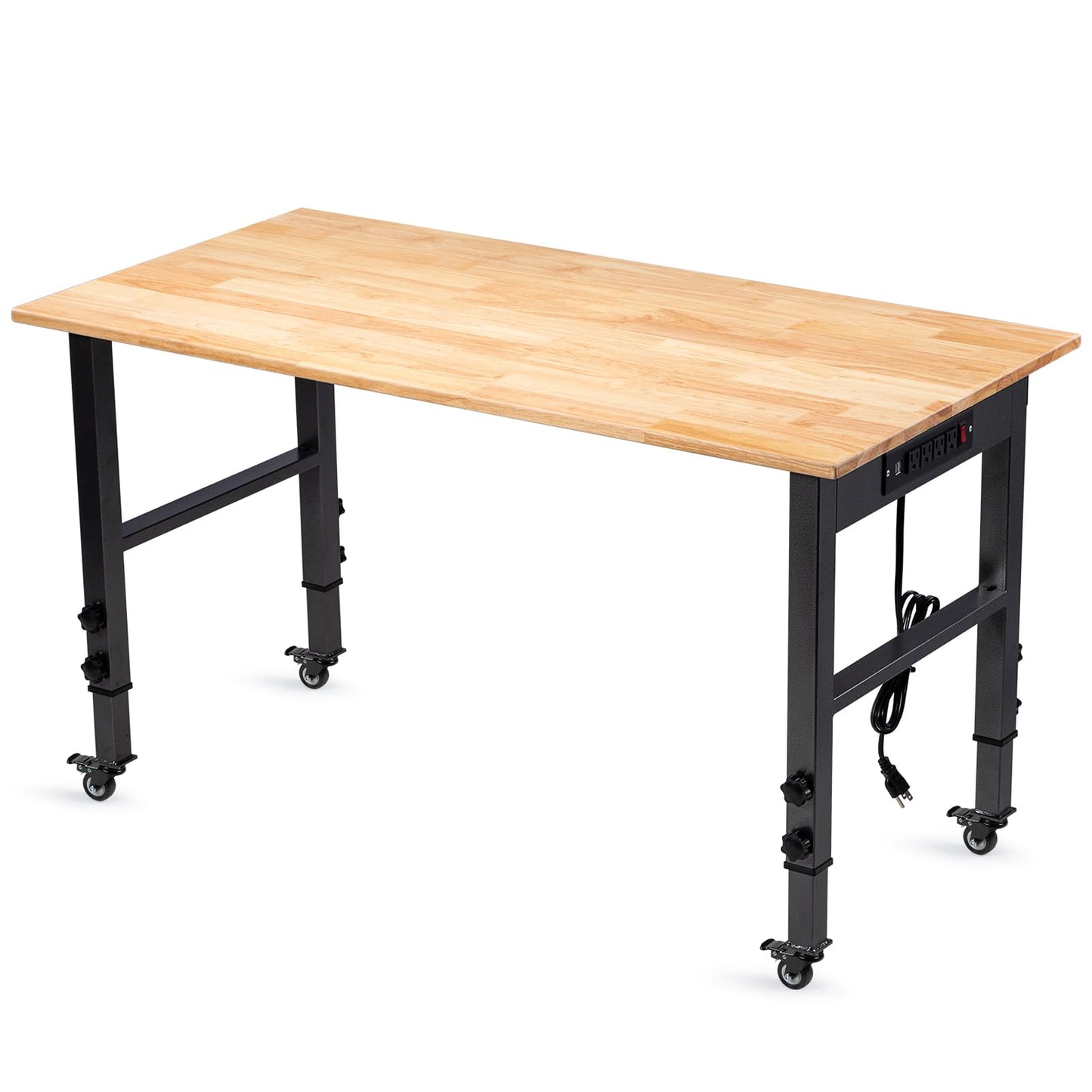 GVGBUK 48" Height Adjustable Workbench, 2000 LBS Load Capacity Rubber Wood Top Workstation, Heavy-Duty Hardwood Worktable for Garage Workshop (with Wheels and Socket,48'')