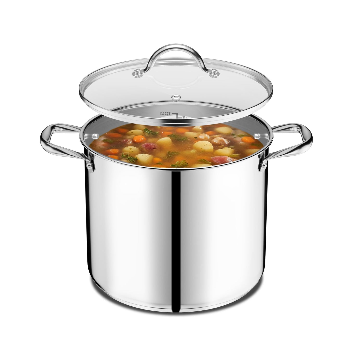 Stainless Steel Stockpot with Tempered Glass Lid 12 Quart, Durable 18/0 Stainless Steel, Impact-Bonded Base for Even Heating, Riveted Handles, Oven & All Stove Compatible, Safe Up To 500°F (260°C)