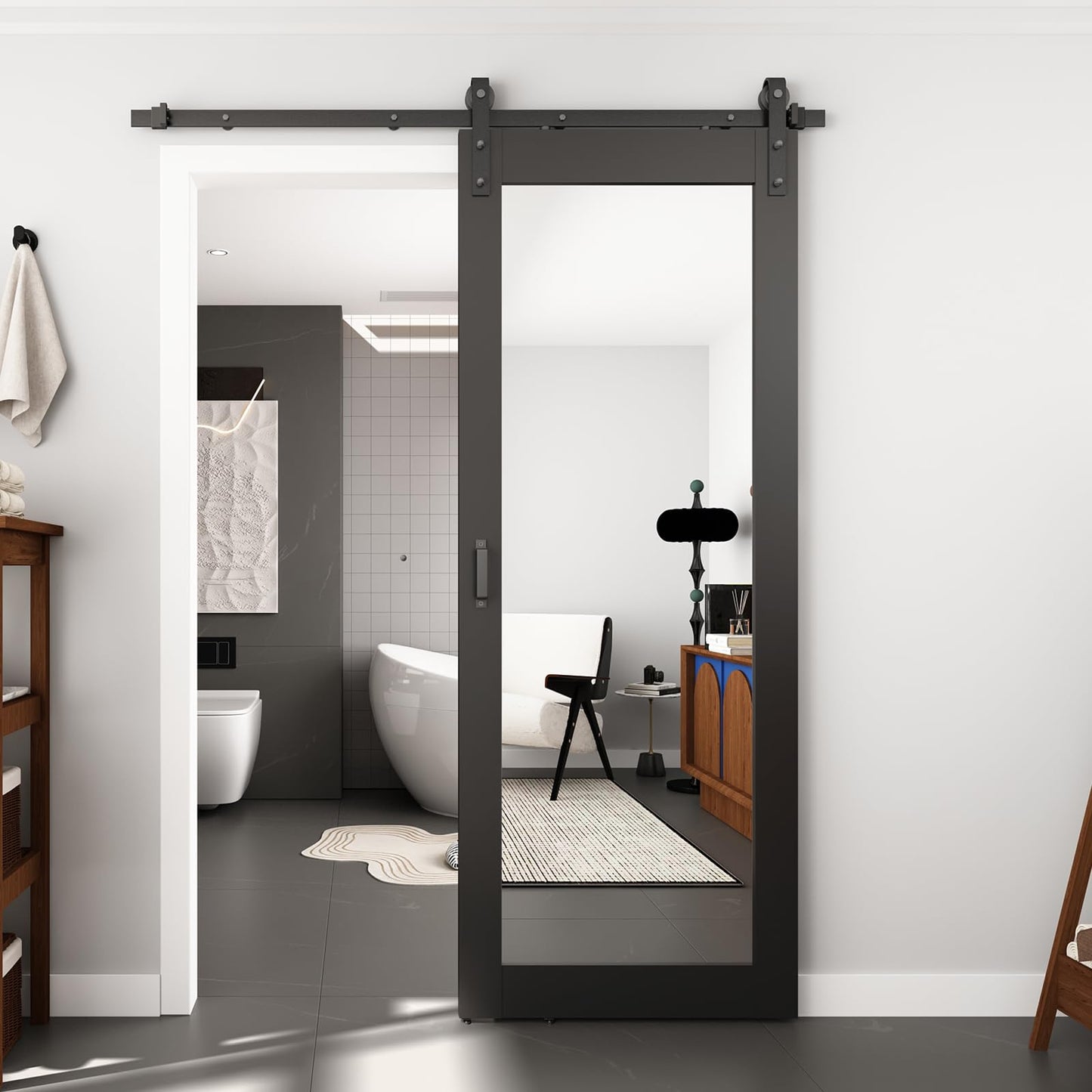 BARNSMITH 32in x 84in Mirror Barn Door with 5.5FT Sliding Door Hardware Kit Included, 1 Lites Full Length, Solid Wood Water-Proof PVC Surface,No Assembly Required,Black