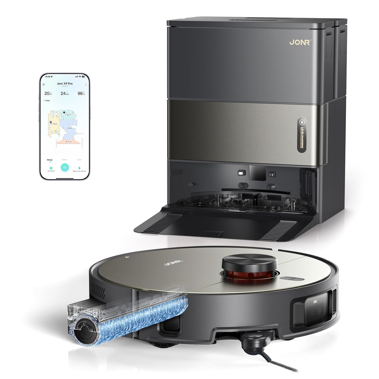 JONR X9 PRO Robot Vacuum Cleaner with Mop Function, Continuous Fresh Water Self-Cleaning, 20000 Pa Mop Roller 104-167°F Hot Water, AI Obstacle Avoidance