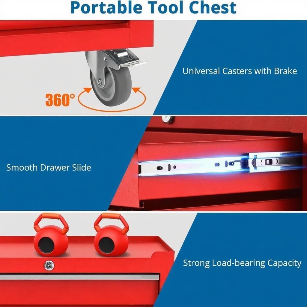 ExploreHorizon 5-Drawer Tool Chest Cabinet with Wheels, Rolling Metal Tool Cart with Sliding Drawers and Protective Liner,Keyed Locking System for Garage,Workshop,Repair Shop,Red