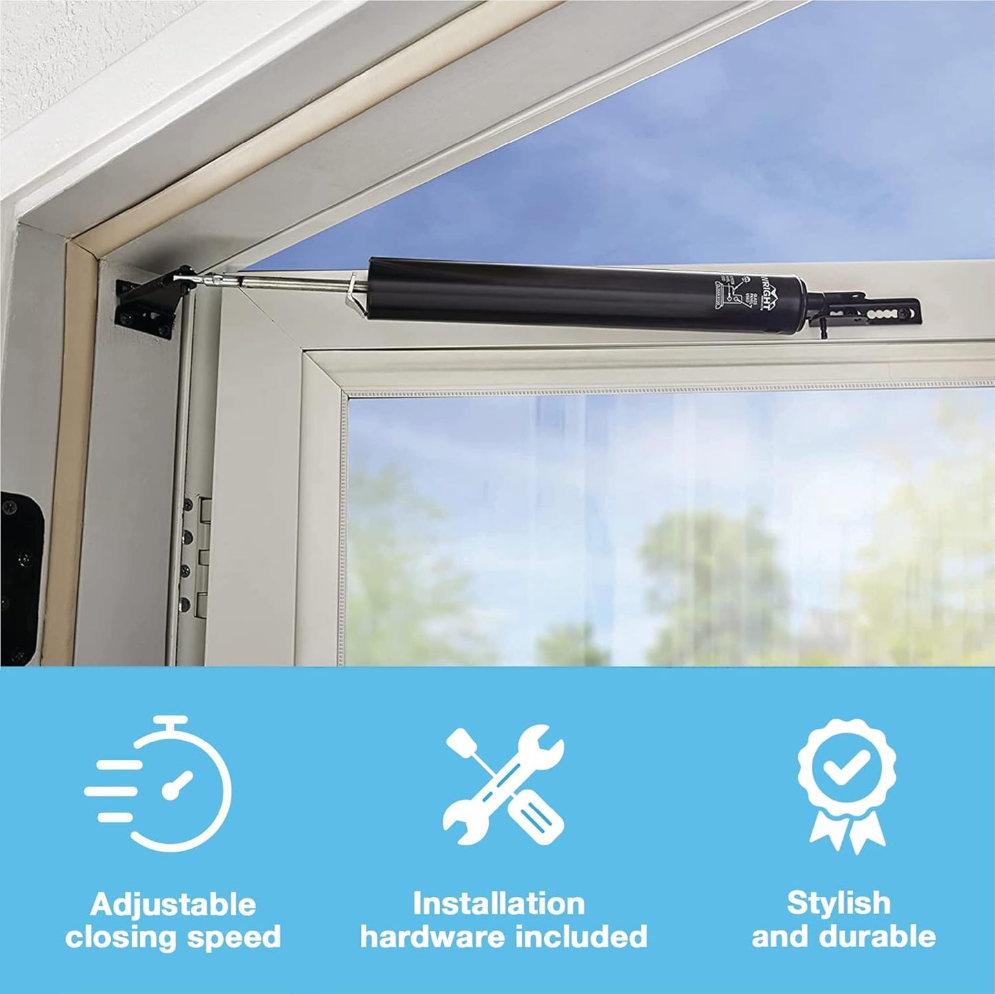 Wright Products Heavy-Duty Pneumatic Storm Door Closer – Durable, Adjustable, Quiet-Closing with Hold-Open Feature (Transitional, Black)