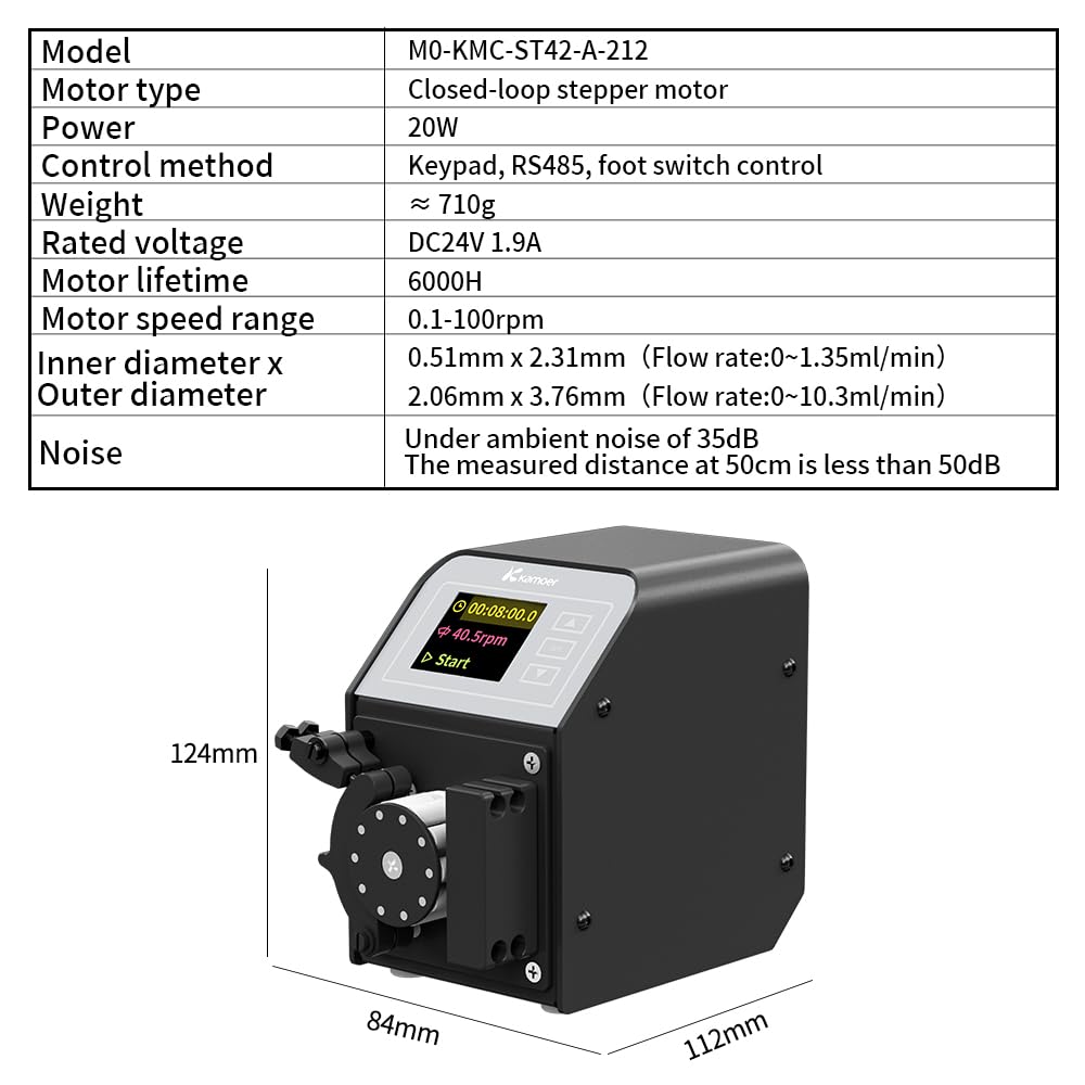 Kamoer M0-KMC Dual Channel 0-10.3ml/min (One Channel) Low Flow Adjustable High Precision 24V Closed Loop Stepper Motor Peristaltic Pump Liquid Dosing Pump for Laboratory with RS485 Control