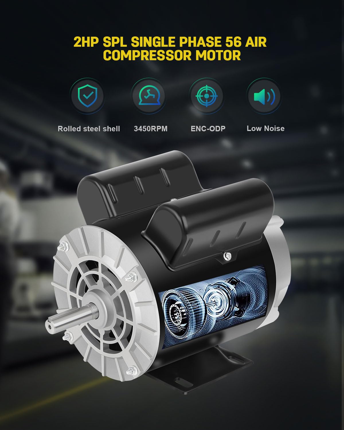 Air Compressor Motor,2 HP SPL 3450 RPM Electric Motor, 115/230V 15/7.5A Single Phase, 56 Frame 5/8" Keyed Shaft, Commercial-Duty CCW Rotation, 1.88" Shaft Length for Air Compressors