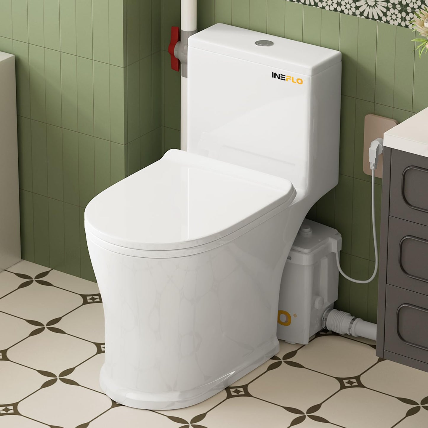 INEFLO 800W Macerating Toilet with Pump for Basement Upflush System, Sewer Grinder Pump with 4 Inlets for Sink/Shower/Laundry Wastewater Disposal, Patented Top Access Panel, 36ft Lifting Up