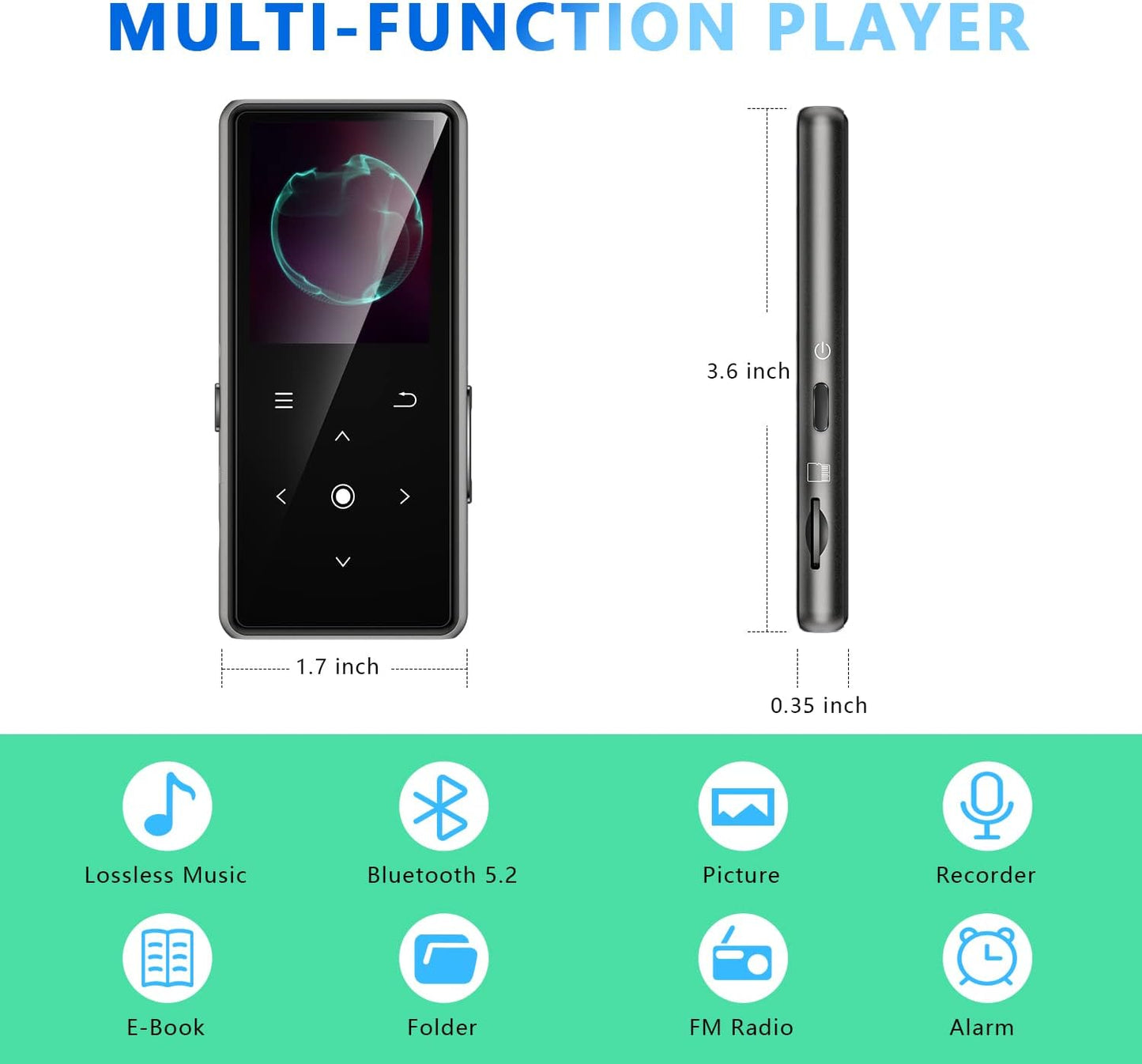 AiMoonsa 128GB MP3 5.2, Player with Bluetooth Music Player with Built-in HD Speaker, FM Radio, Voice Recorder, HiFi