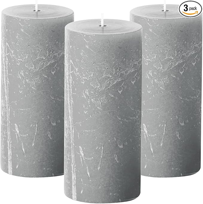 Simply Soson Grey Rustic Texture Pillar Candles 3x6 inch - Set of 3 - Unscented Decorative Grey Candles, No Drip, Ideal for Home Decor, Weddings, Holidays