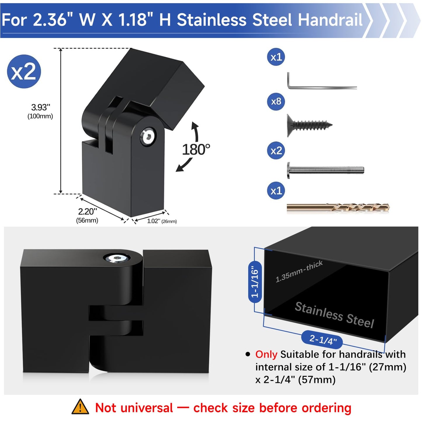 Zylorix 2Pack 180° Adjustable Vertical Pivot Connector with Screws for Level-to-Stair Cable Railing System, 2.36" W × 1.18" H Stainless Steel T304 Rectangular Flat Black Handrails Accessories, Black
