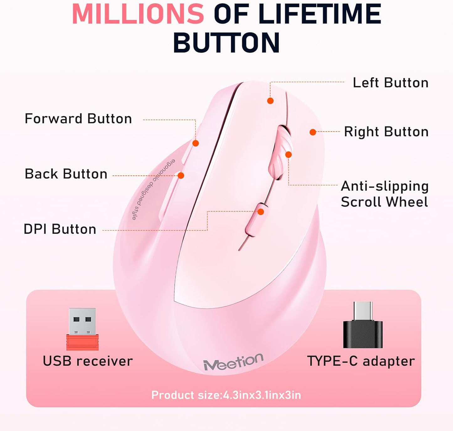 MEETION Bluetooth(5.2 3.0) 4 Ergonomic Mouse Wireless, Vertical Mouse RGB Backlit, Rechargeable Mice for + USB-A