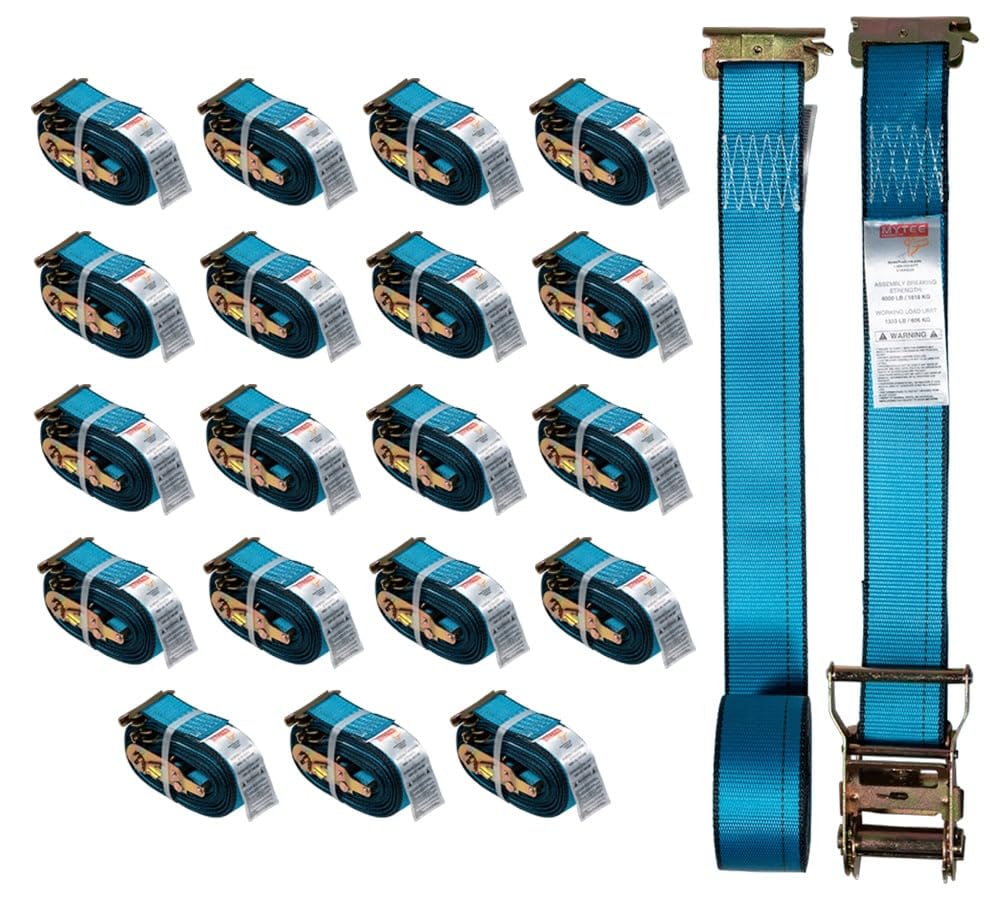 Mytee Products (20 Pack) 2'' x 20' E Track Straps w/Spring E-Fittings - Blue Ratchet Etrack Straps w/Heavy Duty 4000 lbs Breaking Strength for Enclosed Trailers, Trucks & Vans