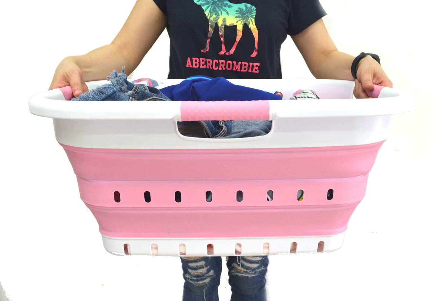 SAMMART 41L Collapsible 3 Handled Plastic Laundry Basket - Foldable Pop Up Storage Container/Organizer - Portable Basket - Space Saving Hamper/Basket (3 handled rectangular, White/Pink)