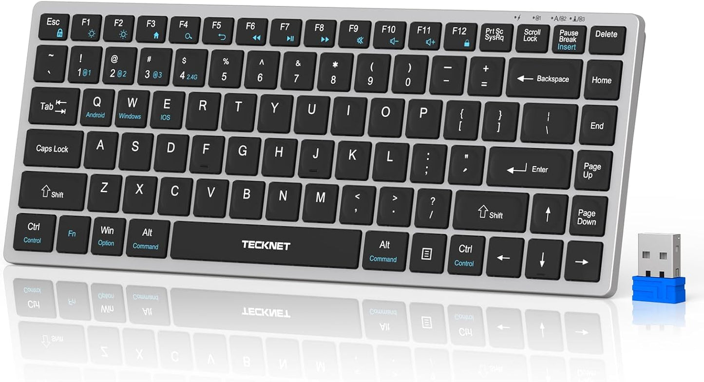 TECKNET 4-Device (2.4G+3BT) 14 Bluetooth Keyboard Rechargeable, Wireless Keyboard, Ultra-Slim Quiet Typing, Hotkeys