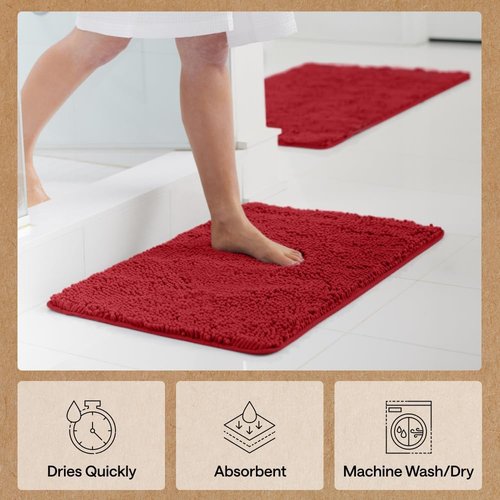 GORILLA GRIP Bath Rug Mat - Thick Soft Absorbent Chenille | Quick Dry Microfiber, 44x26, Red