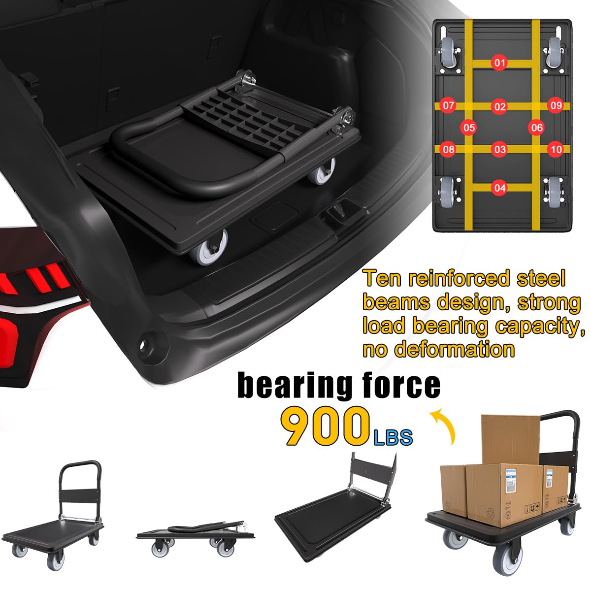 WUD Push Cart, Folding Mobile Platform Trolley,Thickened and Reinforced, 360° Swivel Wheels,35.4 “L x 23.6 ”W, 1100 lb. Black Dolly cart with Wheels (Black, Large)