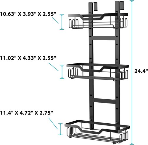 Moforoco Over The Door Shower Caddy - 3-Tier Hanging Organizer for Home & Kitchen Storage - Black