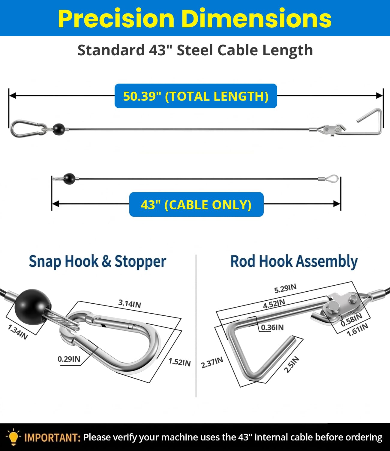 43" Rod Cable Assembly (Pair) for Bowflex Rod-Resistance Home Gyms - Heavy-Duty Replacement Cables with Hook & Rubber Stopper - Compatible with PR1000, Blaze, Sport, Xtreme SE, Power Pro, Ultimate