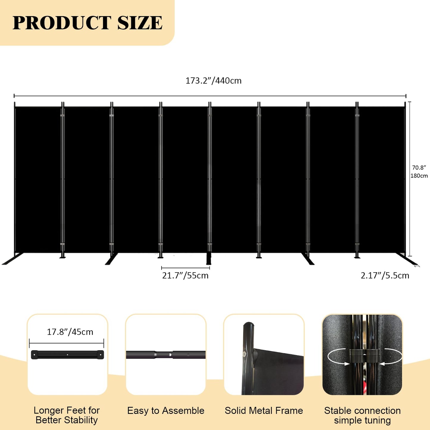 T&Jero 8-Panel Folding Room Divider, 6ft Tall Portable Privacy Screen Wall for Home and Office, Modern Freestanding Partition Separator for Bedroom, Studio, 173" Wide x 71" High, Black