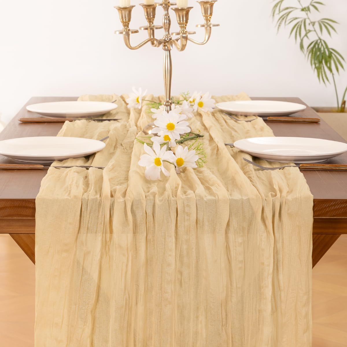 Socomi Gold Champagne Cheesecloth Table Runner - 120 Inch Rustic Gauze for Weddings & Events