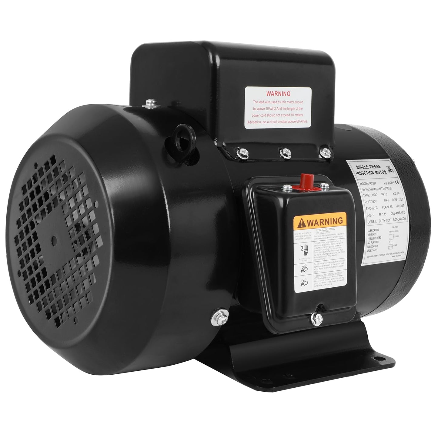 Electric Motor 3HP, 1750RPM Farm Duty Motor, Single Phase Motor 4 Pole 1-1/8"Shaft Diameter 184T CW/CCW TEFC IP55 60HZ