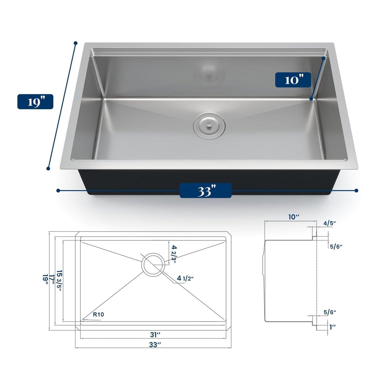 GarveeHome Kitchen Sink - 33 in Single Bowl Stainless Steel Undermount Sink, 16 Gauge Commercial Grade with Easy Drain System & Brushed Nickel Finish