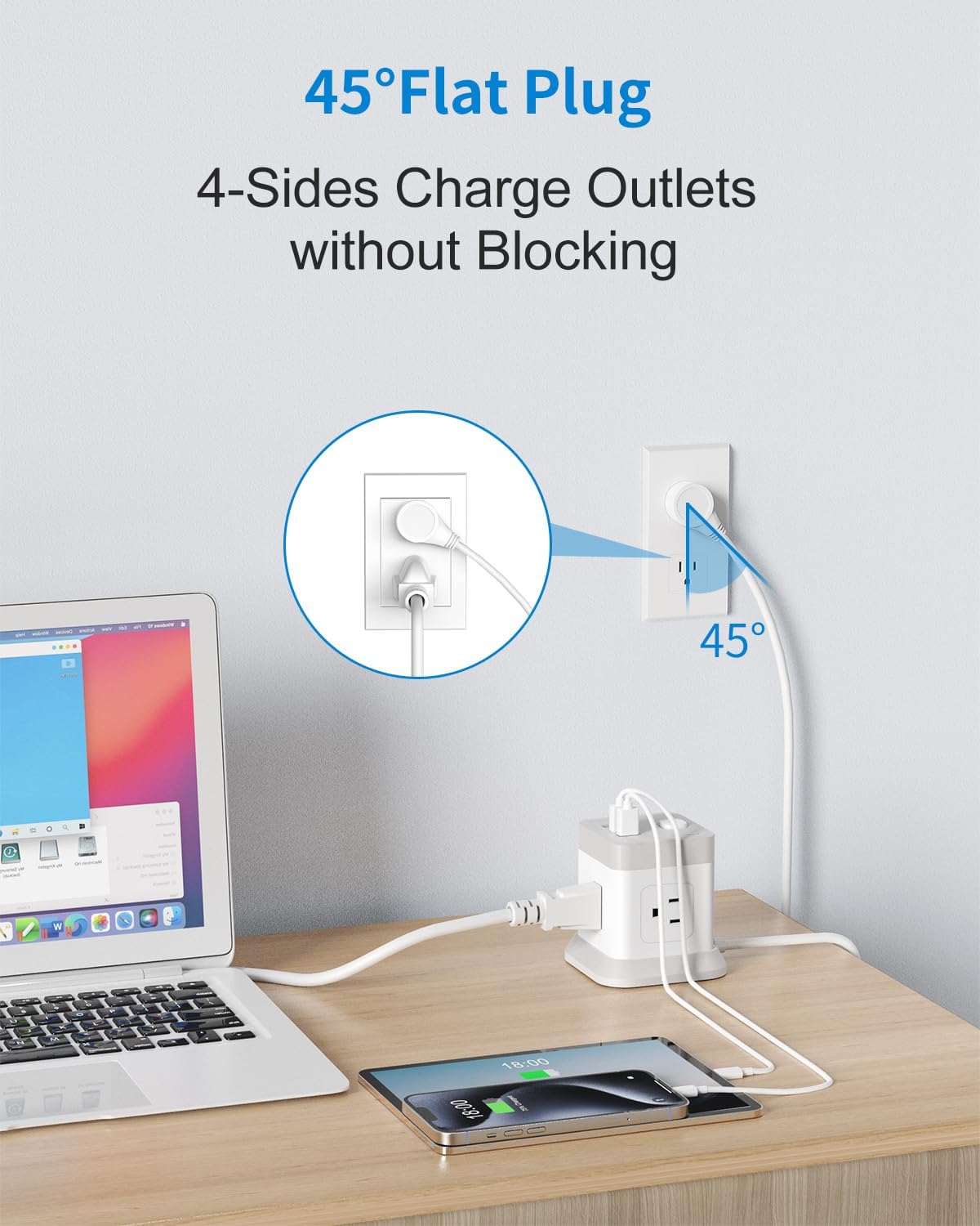 BEVA 5ft 4 3 Power Strip with USB - Long Extension Cord Desktop Charging Station, Power Strip Cube with Outlets and USB