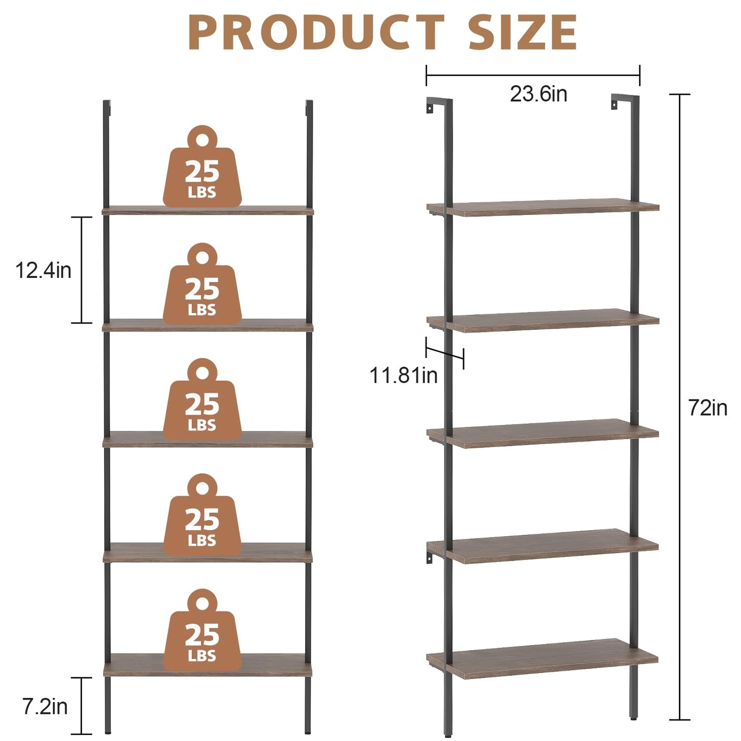 Wolawu 5 Tiers Ladder Shelf 2-Piece Black Modern Tall Bookshelf Open Large Tall Wall Mount Storage Bookcase Standing Leaning Wall Shelves Industrial Decorative (Brown)