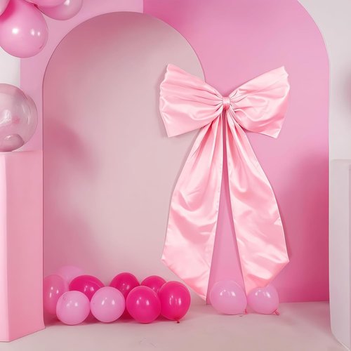Giant Pink Bow Decor - 45x24 Inch Oversized Satin Ribbon Bow | Blush Wall Decor for Coquette Room & Ballerina Birthday