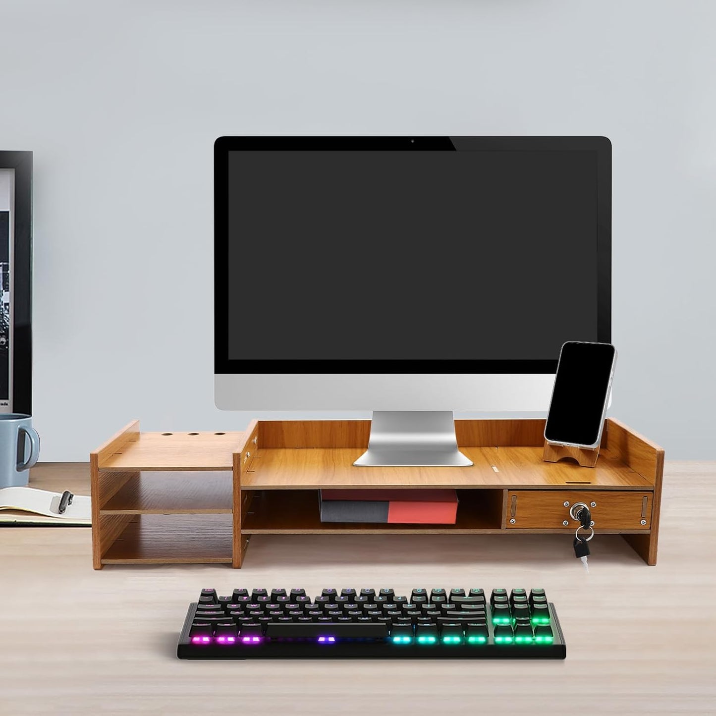 QUSKLISU (02) Computer Monitor Stand, Computer Rack with Drawers, Two top Platforms Desk Organizer Monitor Stand