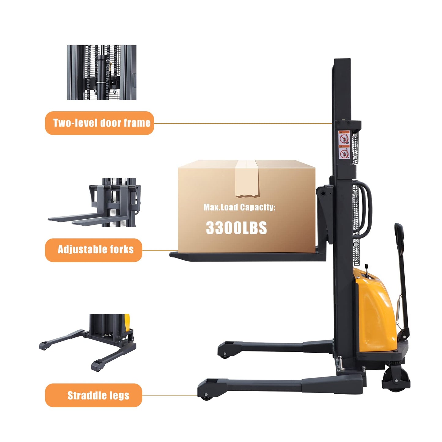 APOLLO Semi Electric Pallet Stacker Economy Hand Pallet Lift Stacker Forklift with Straddle Legs 3300lbs Capactiy 98" Lifting Height