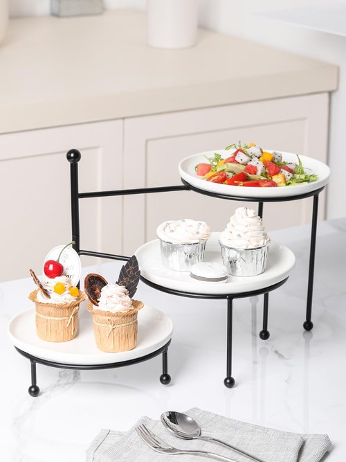 Kanwone 3 Tiered Serving Stand with White Porcelain Plates, Tiered Tray Stand, Dessert Table Display Set, 8" x 8" Tier Serving Trays with Black Metal Stand for Entertaining, 3 Tier Dessert Stand