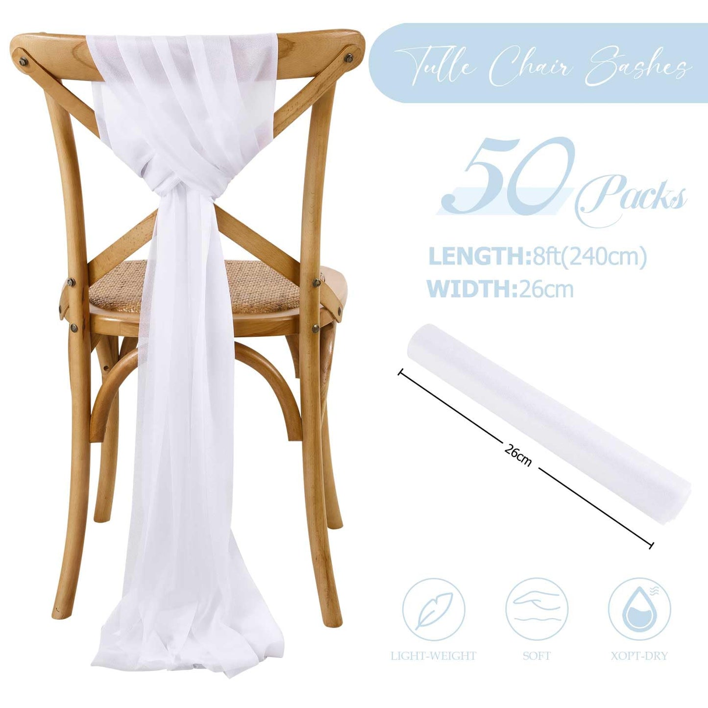 PakiInno White Chair Sashes 50 PCS Tulle Chair Cover 8ft Loing Wedding Banquet Decorations for Aisle Back and Side of Chair Sheer Drapes Fabric