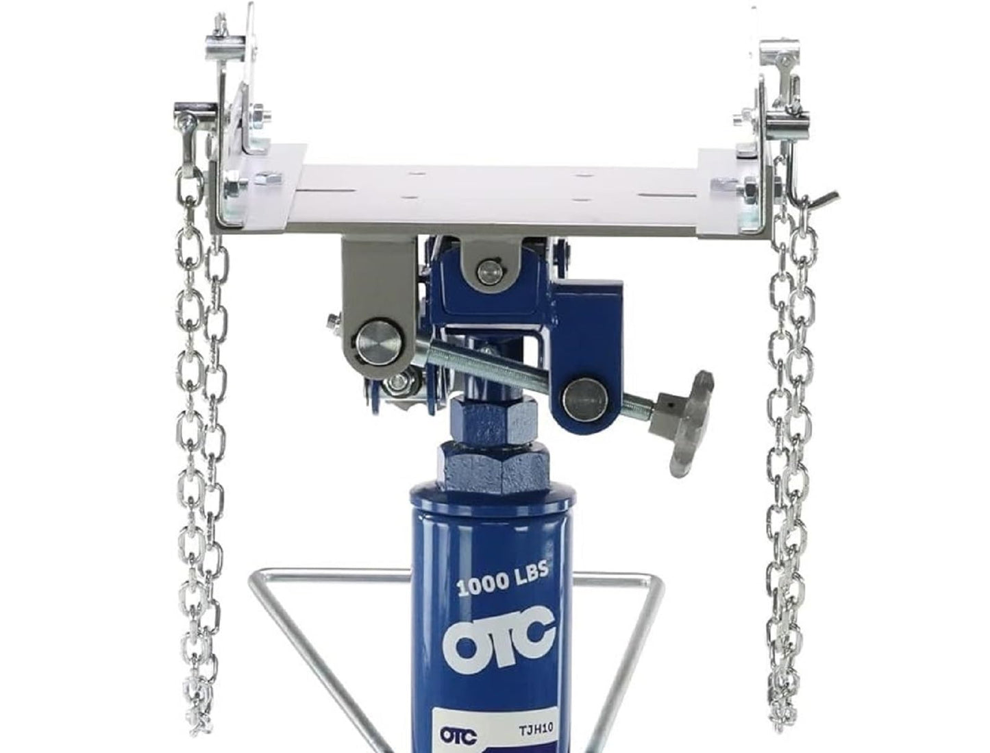 OTC TJH10 1,000 LB. Capacity High-Lift Transmission Jack with Universal Saddle, Tilting Head, Safety Chains, and Foot Operated Pump and Lowering Pedal