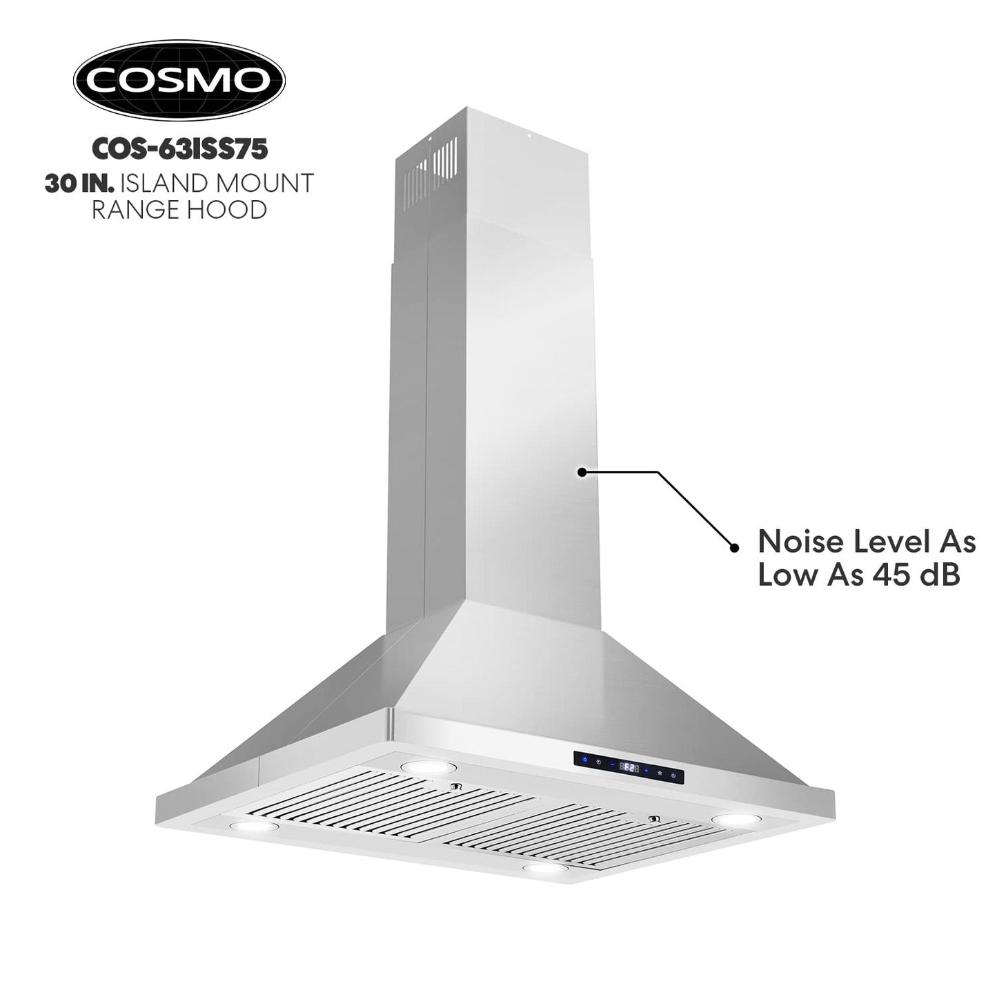 COSMO COS-63ISS75 30 in. Lumin Collection 380 CFM Ducted Island Range Hood, Soft Touch Controls, LED Lights, Stainless Steel