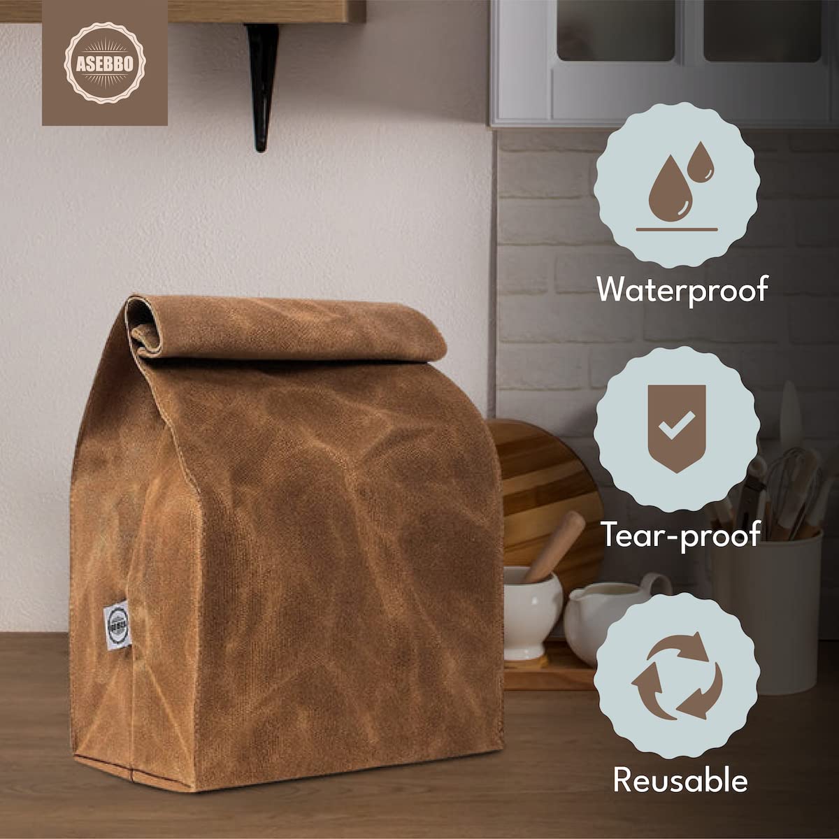 ASEBBO Waxed Canvas Lunch Bag – Reusable Insulated Paper Bag-Style Lunchbox for Adults – Leakproof & Durable Sack Lunch Box for Work, Picnic & Travel – Stylish Brown Bag Cooler with Shoulder Strap