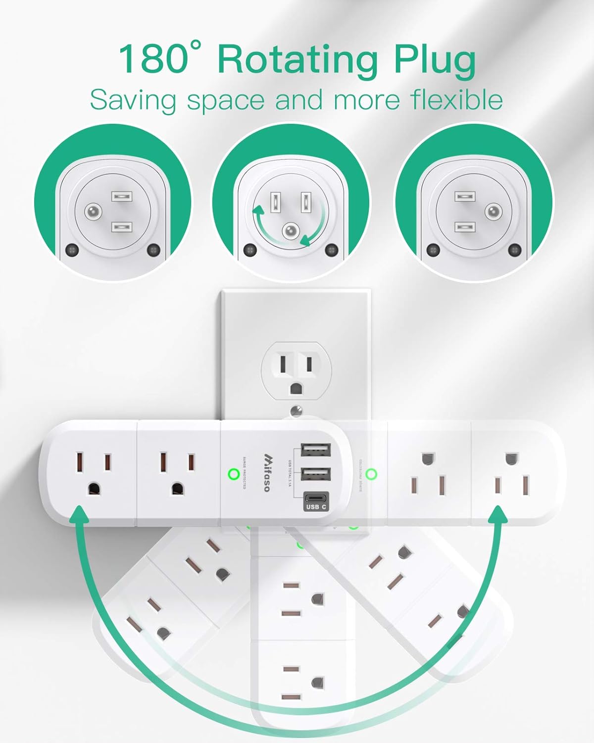 Mifaso 6 3 1800 3-Sided Outlet Extender with Rotating Plug, Surge Protector AC Multi Plug Wall Outlets and USB Ports