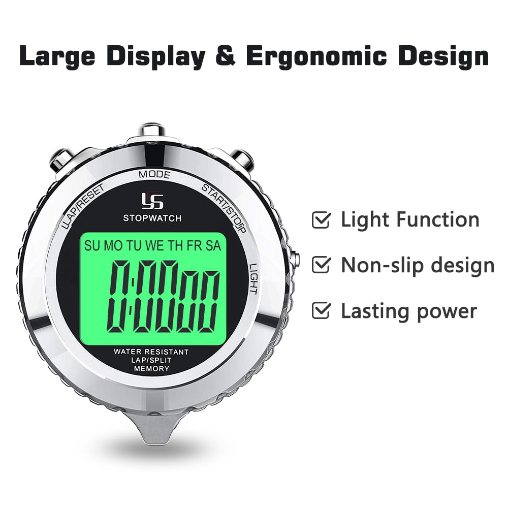 LAOPAO Stopwatch Metal Stopwatch Timer with Backlit 1/100th Second Precision 2 Lap Memory Digital Stop Watch for Coaches
