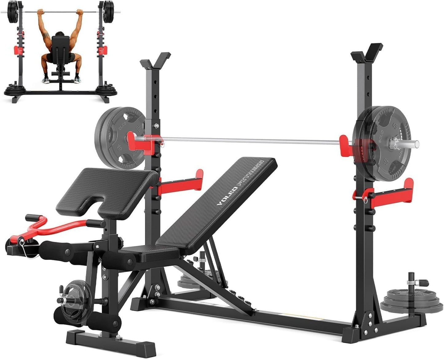 Yoleo 1980LBS Weight Bench with Rack - Bench Press Set, Leg Extension, Preacher Curl & Flat/Incline/Decline Full Body Workout Bench, Adjustable Olympic Weight Benches for Home Gym(47.44IN WIDE GRIP)