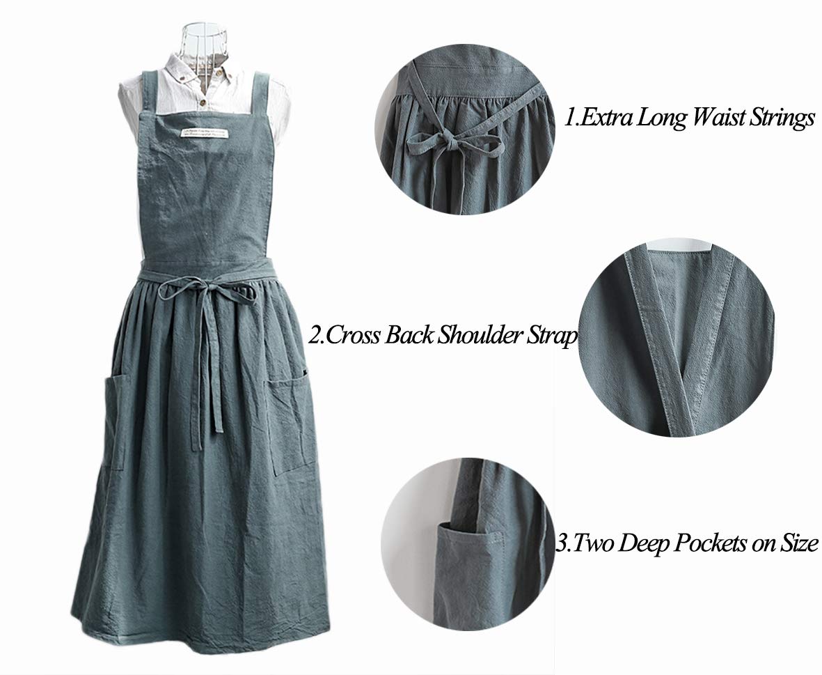 losofar Women Girls Vintage Apron Adjustable Gardening Works Cross Back Cotton/Linen Blend Aprons Pinafore Dress with Two Pockets (greengrey, 39"x 59")