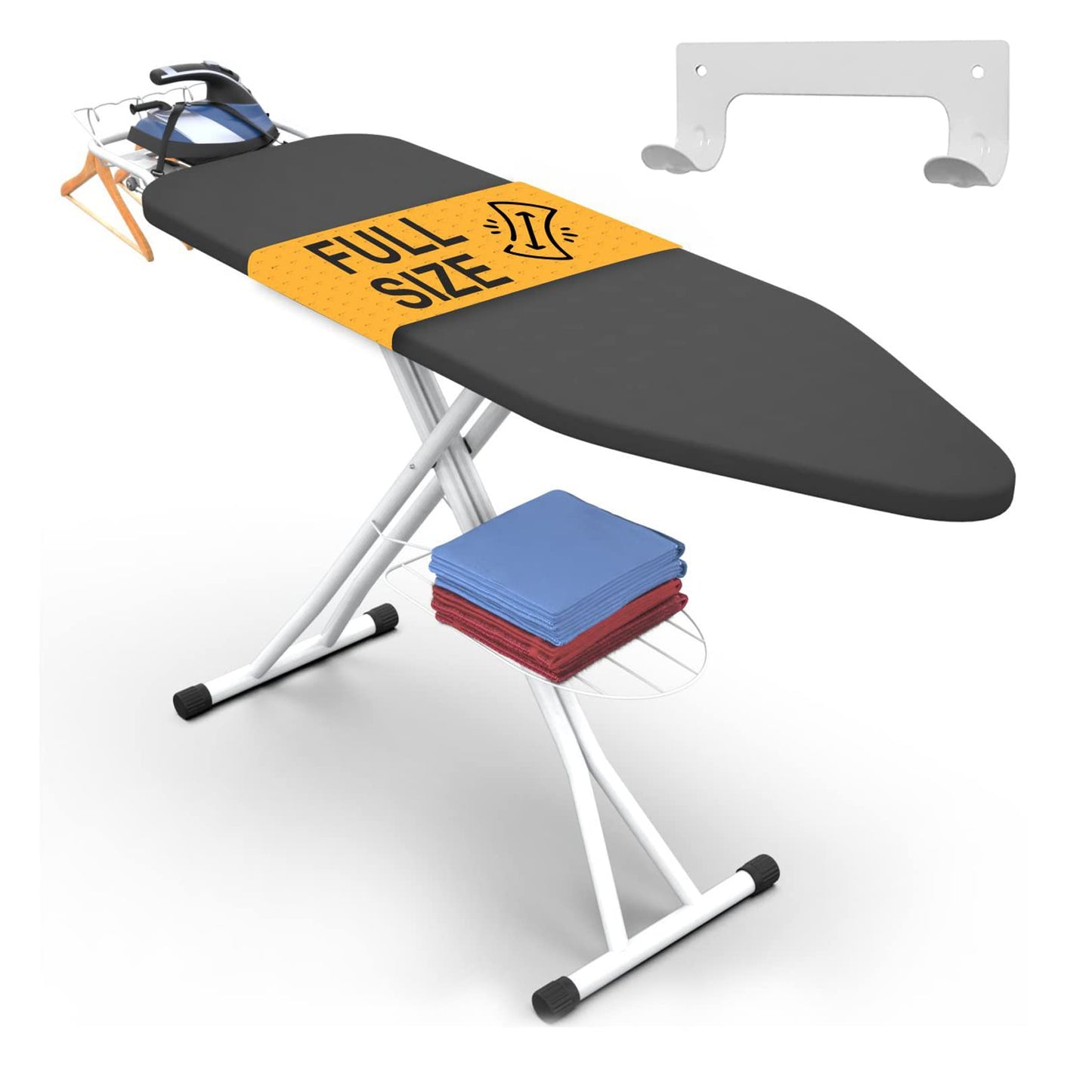 Xabitat Full Size Ironing Board 57" X 15" with Wall Mount Hanger, Full Metal Construction Iron Board, Built in Iron Caddy, Heat & Scorch Resistant Fabric, Cord Holder, Anti-Skid Feet, Heavy Duty
