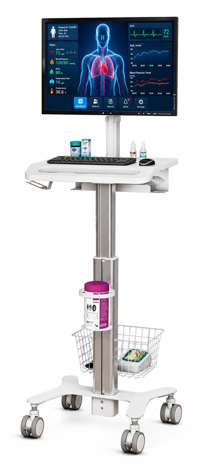 Mount Plus MB-C10 Medical Trolley Cart For Monitor Desktop With Keyboard Table, Basket, Wipe Holder, Scanner Holder For Hospital Clinic Dental Office Home Office | Height Adjustable Mobile Workstation