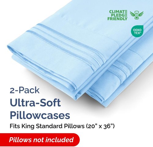 King Standard Pillow Cases - Soft Hotel Quality Covers | Comfy, Fade-Free & Wrinkle Resistant - Light Blue Set of 2