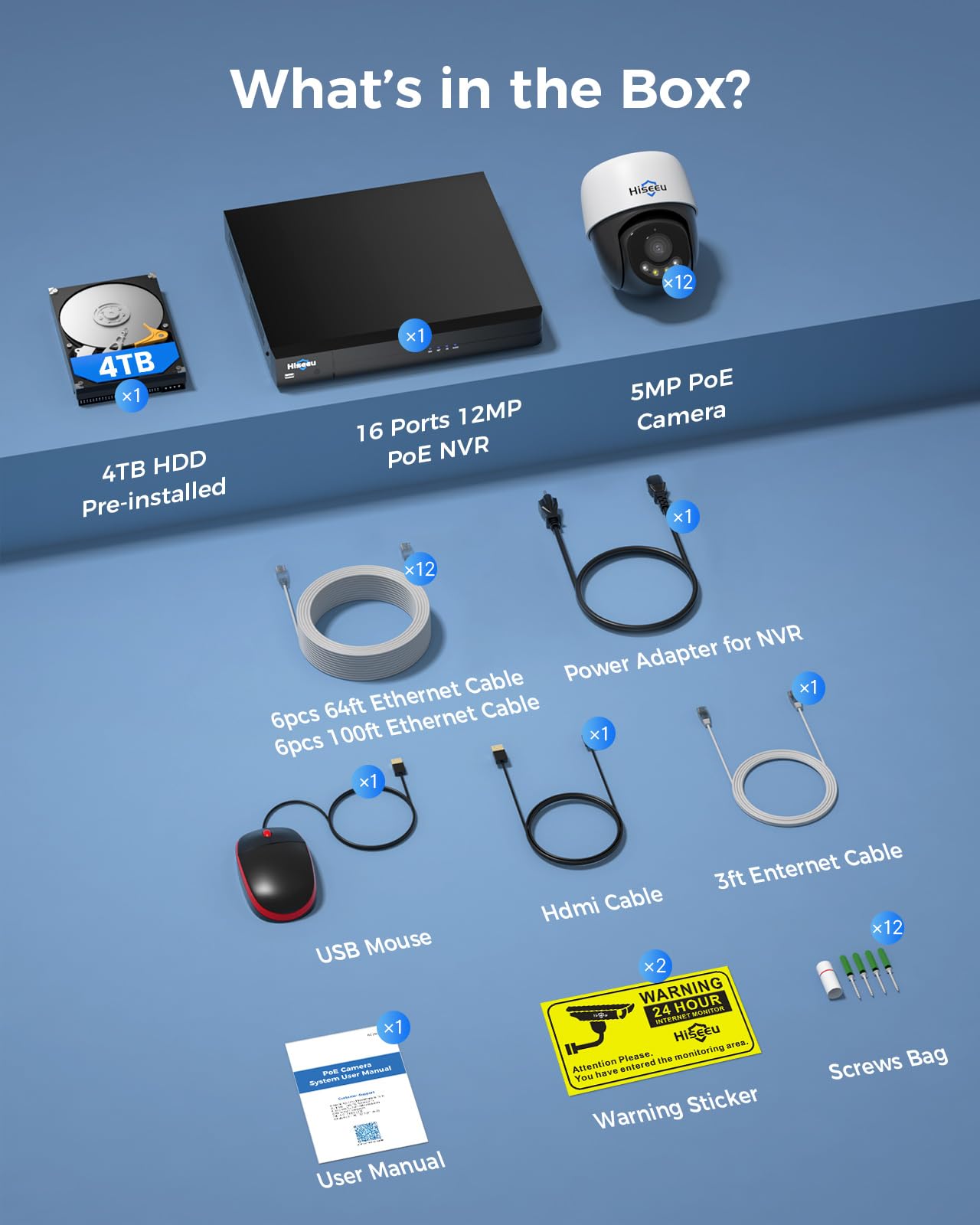 【360°View】 Hiseeu 12MP NVR 12 Pcs 5MP PoE PTZ Cameras, 350°Pan 90° Tilt，Auto Human Tracking, Human Vehicle Detect, 2 Way Audio, 7/24 Record&Playback，4TB HDD for Home Surveillance Outdoor Indoor
