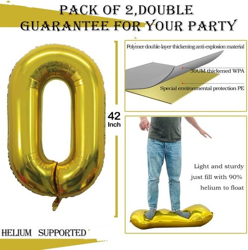 GOER Gold Foil Number 0 Balloons - 42 Inch Birthday & Anniversary Party Decorations | 10th-100th Celebrations