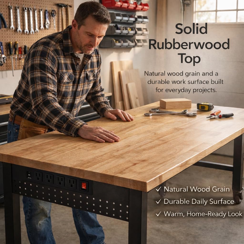 VUWIF 48" Workbench with Casters, Adjustable Height Workbench with Rubberwood Top, Built-in Power Strip with 4 AC Outlets and 2 USB Ports, 2000 LBS Capacity for Garage, Workshop, and Home