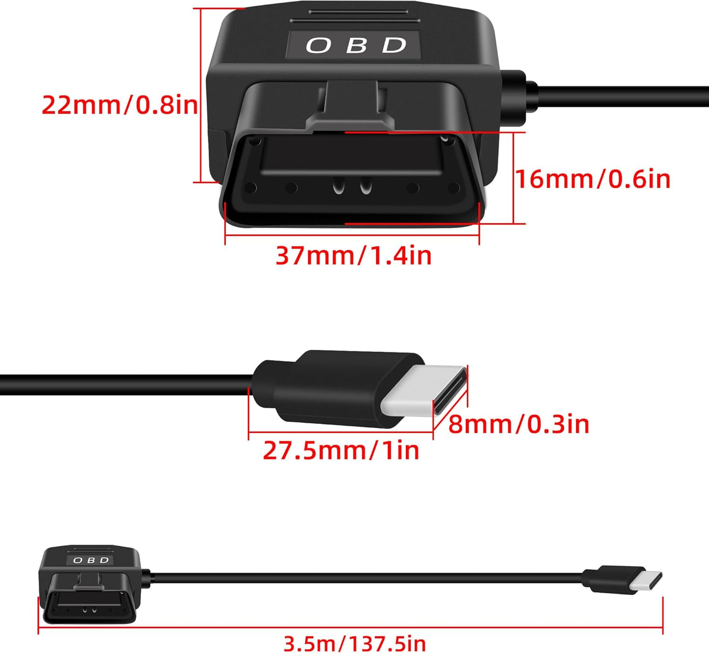 RIIEYOCA OBD2 24 (11.5FT/3.5M) Power Cable for Dash Cam,USB-C to OBD-II Hardwire Adapter with Switch Button Connector